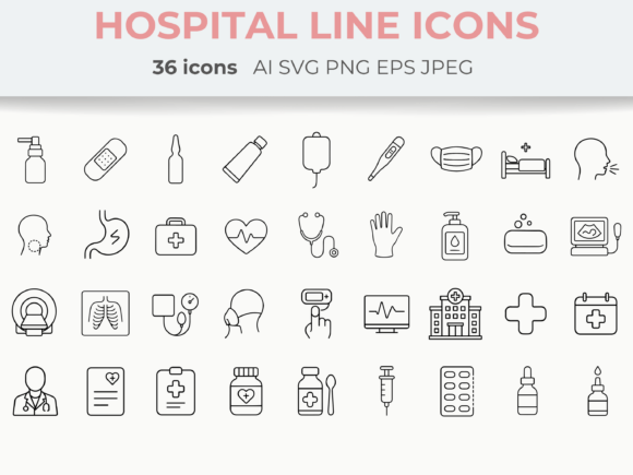 Hospital Medical Illness Line Icons SVG