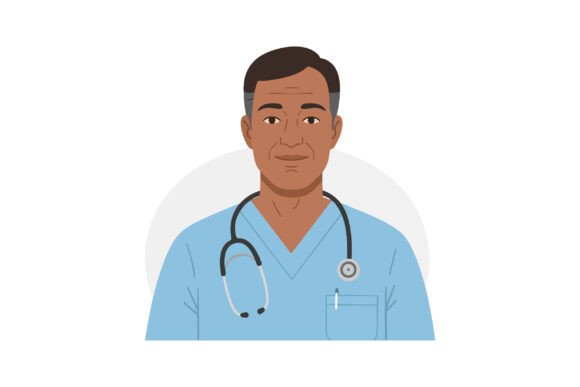 Male Doctor Wearing Blue Scrubs with Ste